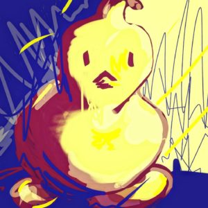 Digital drawing. A messy, scribbly portrait of a rubber duck looking directly at the viewer.